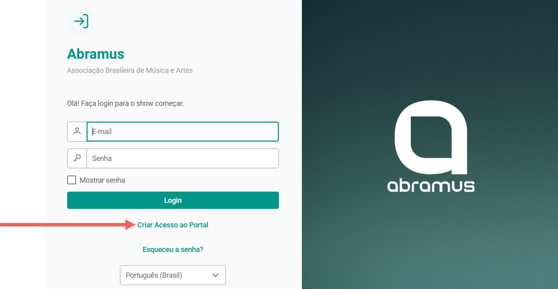 Tela de login do Portal Abramus, com destaque para o link Criar acesso ao Portal